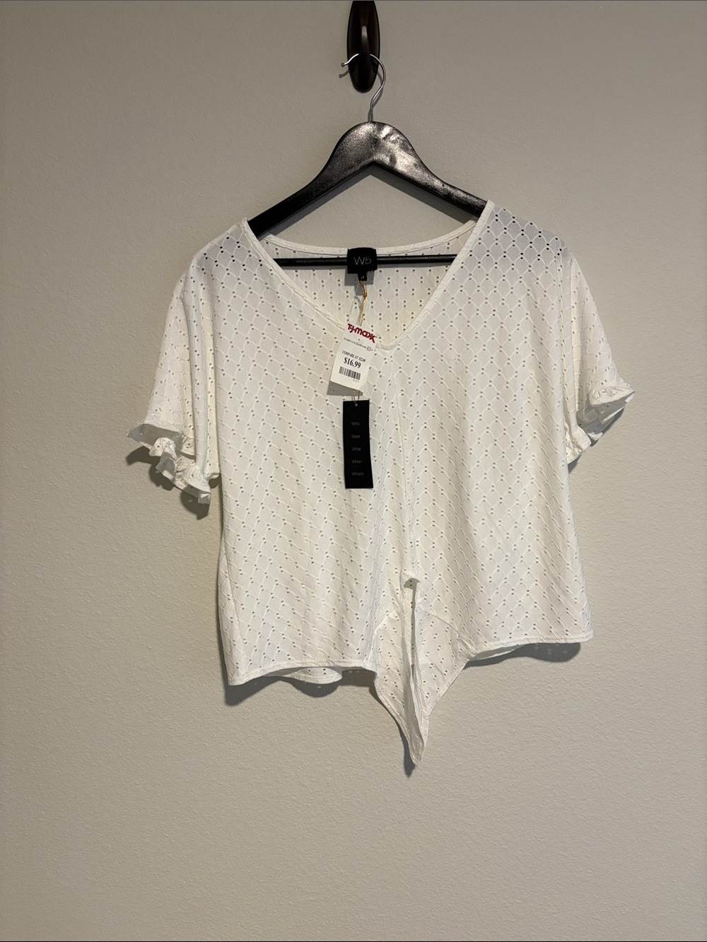 W5 White Short-Sleeve Eyelet V-Neck Tie-Front Top